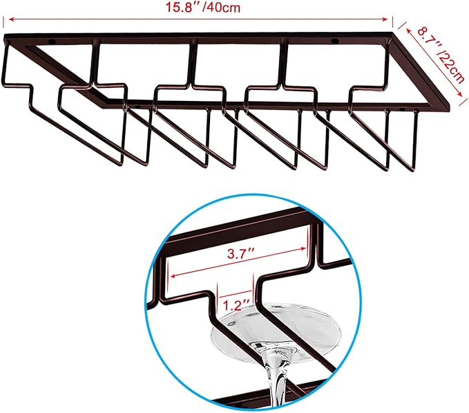 MOCOUM Wine Glasses Rack Under Cabinet Stemware Rack, Wine Glass Hanger Rack Wire Wine Glass Holder Storage Hanger for Cabinet Kitchen Bar (Brown, 4 Rows 1 Pack)