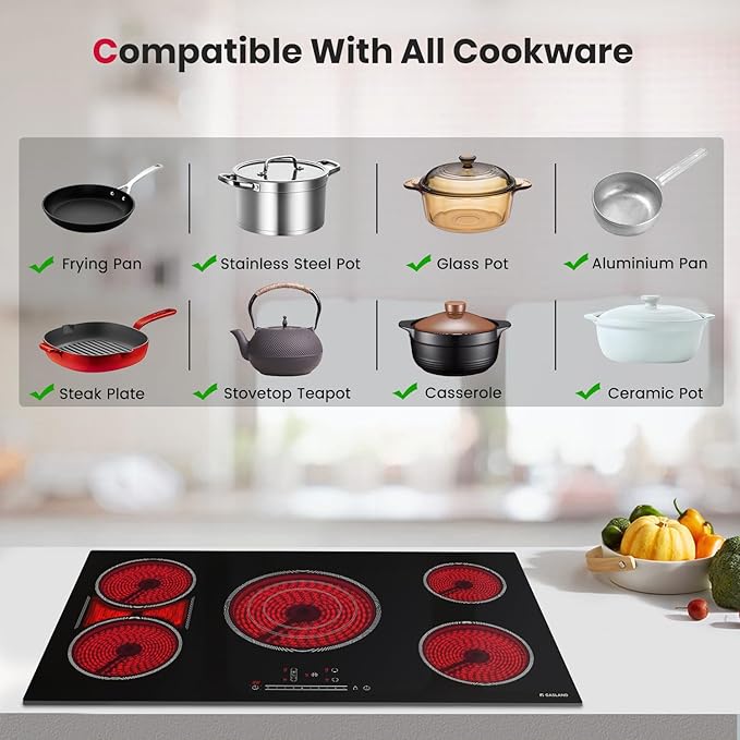 GASLAND 36 Inch Electric Cooktop, 5 Burners Glass Stove Top, ETL & FCC Certificated, 9200W Built-in Radiant Ceramic Cooktop, Slide Touch Control, Child Safety Lock, Hot Surface Indicator, 240V