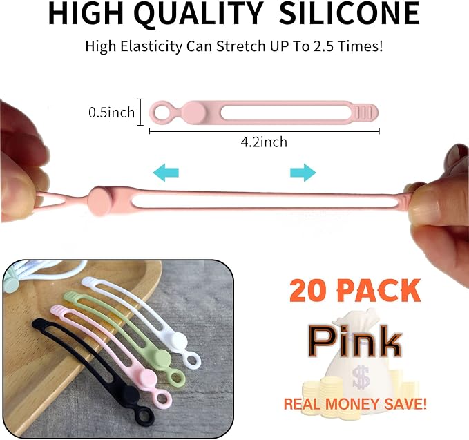 UMUST 20Pcs Silicone Cable Ties, Cable Management Cord Organizer Pink | - Image 2