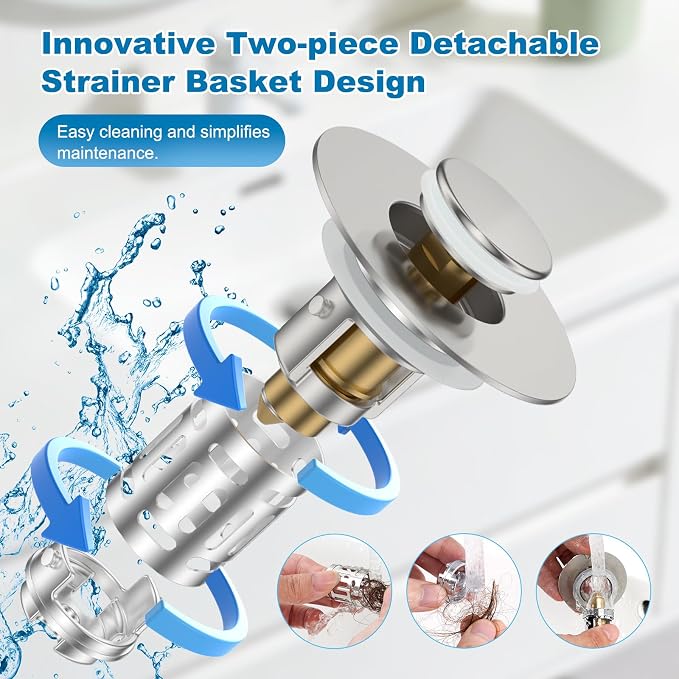 Hibbent 2 Pack Bathroom Sink Drain Strainer, 3 in 1 Pop Up Stopper | Universal - Image 3