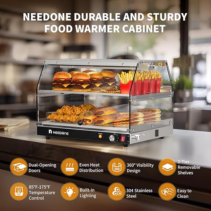 NEEDONE Commercial Food Warmer, Electric Pizza Food Heater Display Cabinet w/Adjustable Temperature, LED Lighting, Removable Racks, Countertop Pastry Display Case for Cafes, Buffet, Parties