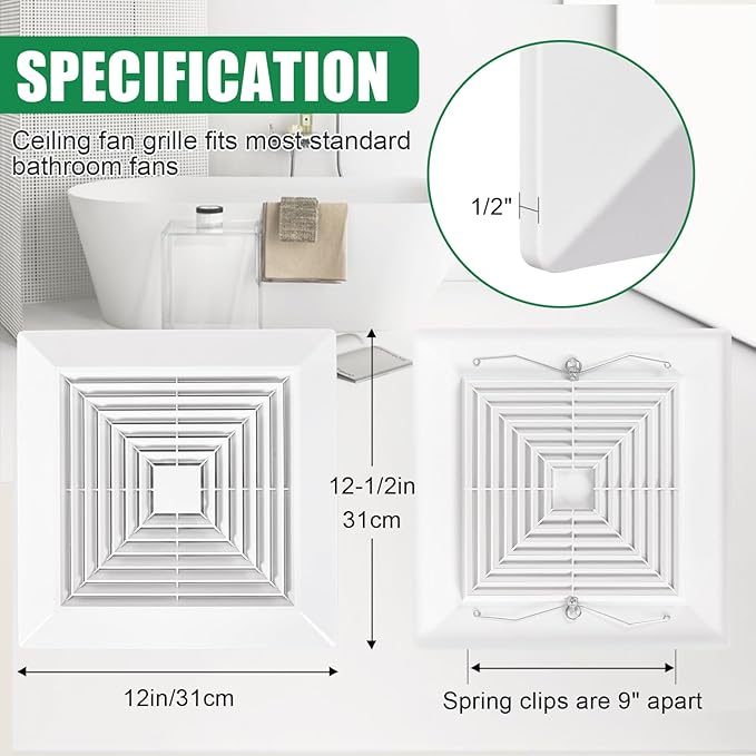 White (2 Piece 12" x12"Inch） Bathroom Exhaust Fan Cover with Spring, Square Ceiling or Wall Mounted Exhaust Fan, Ceiling Fan, Grille, Air Diffuser, Diverter Ventilation Hood, Replacement Accessories