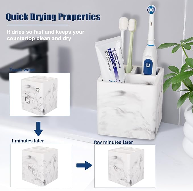 Diatomite Toothbrush Holders Tooth Brush Organizer, 2 Pack, Marble White | - Image 3