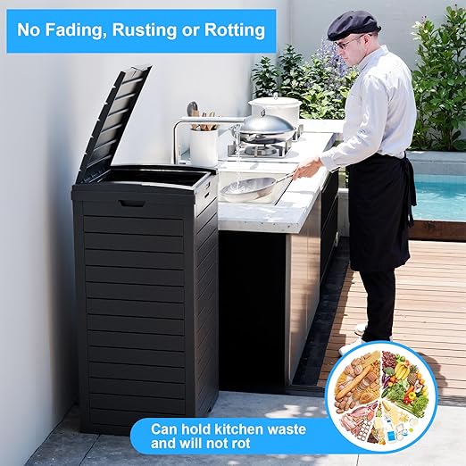 Outdoor Trash Can with Lid, Outdoor Trash Bin & Pull-Out Liquid Drawer, Dual Lid Closure Design, Waterproof Resin Garbage Can Container for Patio, Backyard, Deck (Black, 38Gallon)