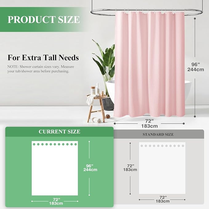 Dynamene Extra Long Waffle Shower Curtain 256 GSM Fabric 72x96 Pink - Image 2