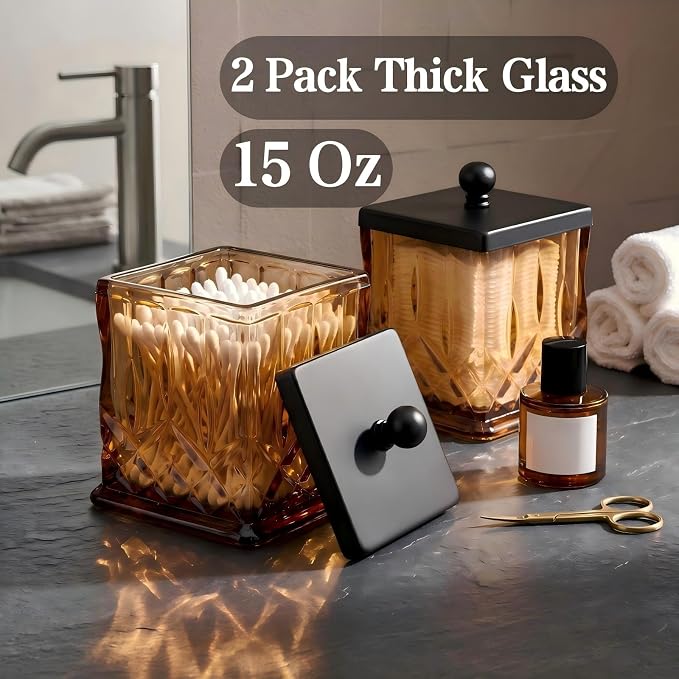 2 Pack 15Oz Amber Q-Tip Holder, Square Thick Glass - Image 3