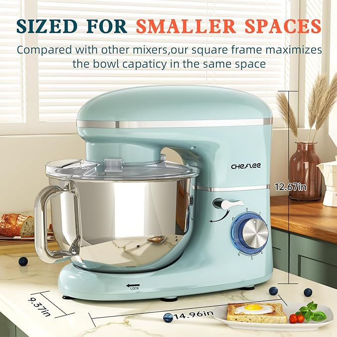 Stand Mixer,660W 6+P With 6.5QT Stainless Steel Bowl,Dough Hook, Wire Whip & Beater,for Most Home Cooks (Blue)