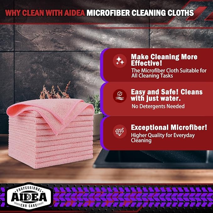AIDEA Microfiber Cleaning Cloth Pink 20PK, Microfiber Towels 12×12" | Premium - Image 2