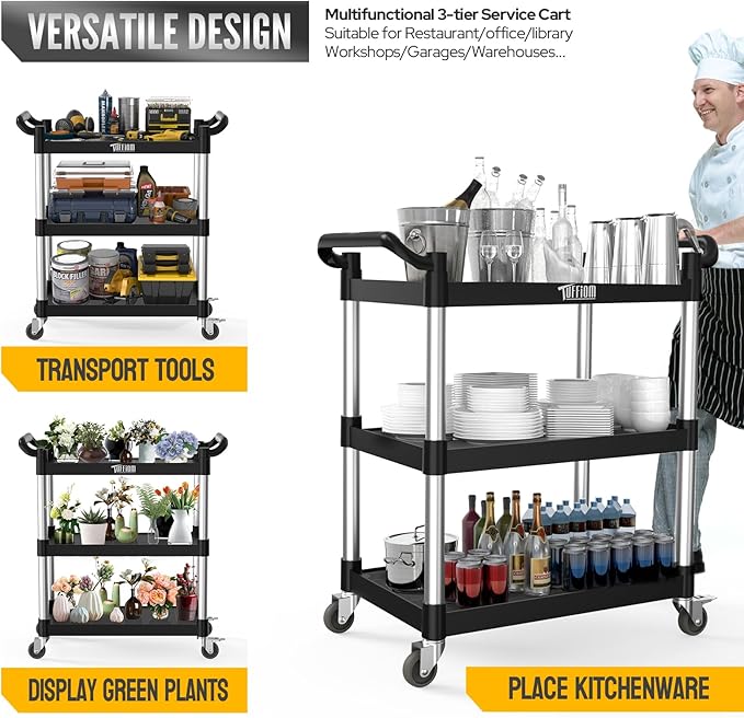 TUFFIOM 3-Tier Plastic Service Utility Cart with Wheels, Heavy Duty 390lbs Capacity, Commercial Rolling Ideal for Restaurant, Foodservice, Office, Warehouse, Black 34.8''L x 17.4''W x 38.6''H