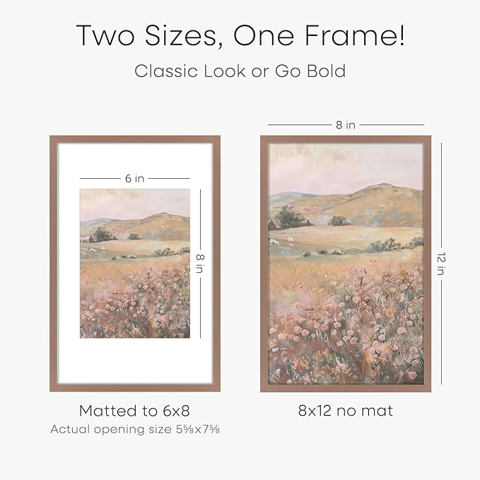 Homeforia 8x12 Picture Frame Mocha, High End Metal 8 x 12 Poster Frames with Mat 6 by 8 for Photo, 12x8 Frame Matted to 6x8 inch Print, 8by12 Wall or Tabletop Frame, Tempered Glass, Wall Kit, Set of 1