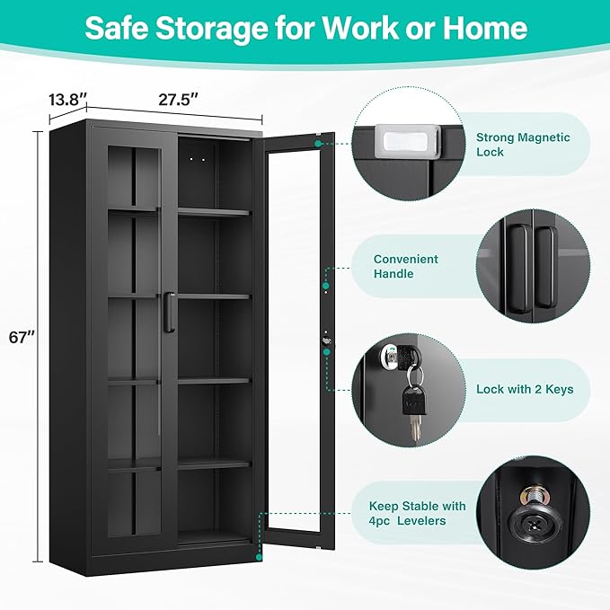 SISESOL Metal Storage Cabinet with Lock and Glass Doors,Glass Display Cabinet,67" Tall Black Storage Cabinets,Locking Curio Cabinets with 5 Shelves for Collectibles,Home,Office,Living Room