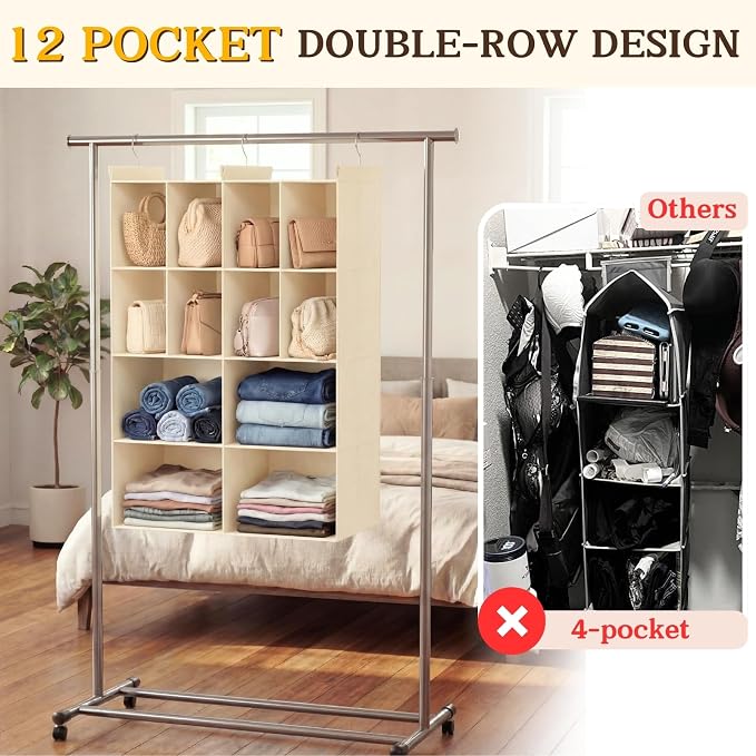 4 Tier Hanging Closet Organizer, 12 Compartments Dual Row Storage, 3 Sturdy - Image 4