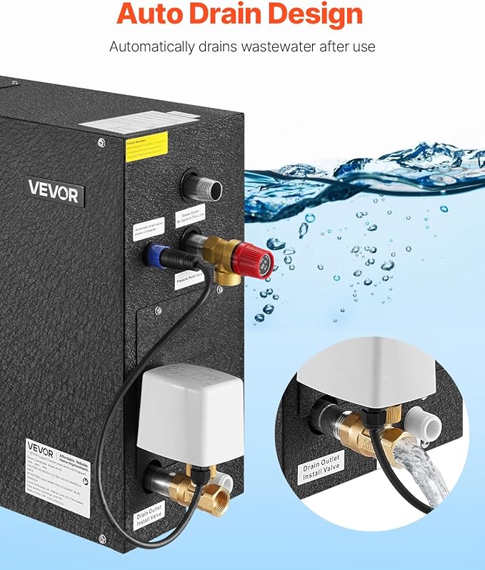 VEVOR Steam Generator, 9 kW Steam Shower System with Controller for Home Sauna Bath Spa, Commercial Auto Drain Kit with Overheat, Dry-Run & Overpressure Protection, 10 Min to 24h Efficient, Black