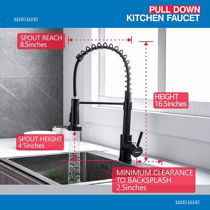 WEWE High Arc Pull-Out Kitchen Faucet, 2-Mode Sprayer, Matte Black | 17-Inch - Image 6
