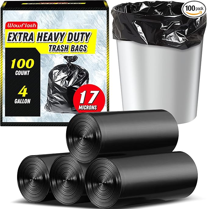 Wowflash 100 Count 17 Micron Extra Heavy Duty 4 Gallon Trash Bags | Sturdy & by Wowflash