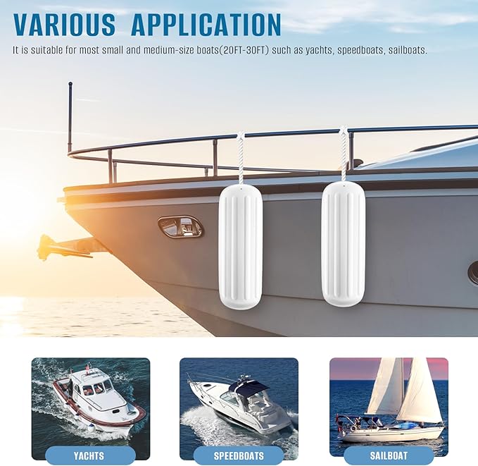 Boat Fenders 4 Pack 10 x 28 Inches Ribbed Center Hole Boat Fenders Bumpers for Docking, Comes with 4 Lines and Pump to Inflate