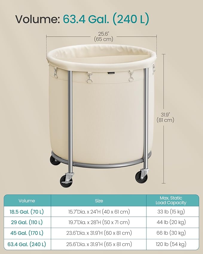 SONGMICS Laundry Basket with Wheels, 63.5 Gal., Steel Frame, Removable Bag - Image 7