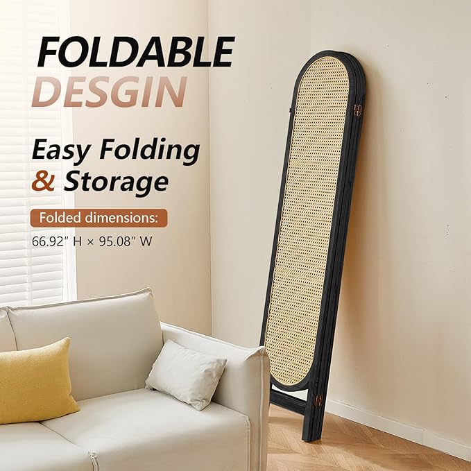 6 Panel Room Divider, Hand-Woven Rattan Room Divider Screen, Folding Privacy Screens with Double Hinges, Wooden Freestanding Wall Divider for Room Separation Bedroom Home Office - Black