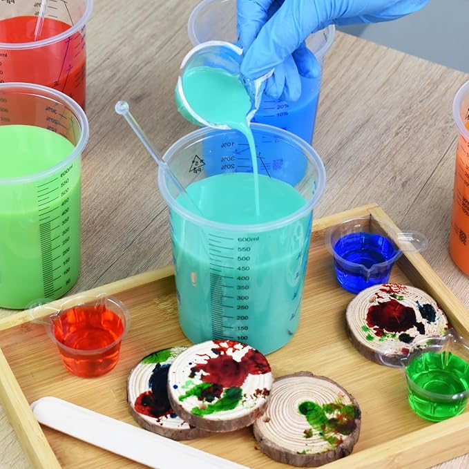 Artcome Mixing Cup Kit - 50 PC 20oz (600ml) Plastic Measuring Cups, 50 PC Wooden Mixing Sticks, 100 PC 40ml Disposable Small Cups, 10 PC Stirring Rods - Ideal for Epoxy Resin, Paint & Liquid Mixing
