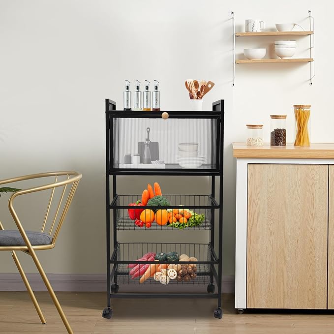Bakers Rack for Kitchen with Storage, 4 Tier Kitchen Organizer Shelf for Vegetables, Fruits, Small Rice Cookers (Black)