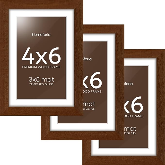 Homeforia 4x6 Brown Picture Frame, High End Dark Oak 4x6 Wooden Frames with Mat 3x5 Photo, 4 x 6 Walnut Wood Frame Matted to 3 x 5 Print, 6x4 Wall or Tabletop Frame, Tempered Glass, Wall Kit, Set of 3