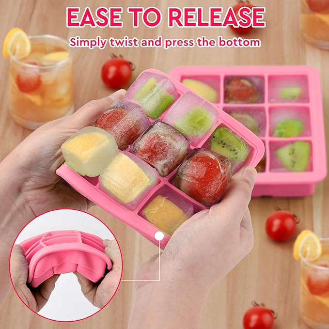 Silicone Ice Cube Tray with Lid,9x1.3 inch,Small Ice Cube Trays for Freezer | Mini Ice Cube Trays-Nugget Ice Tray with lid for Mini Fridge with Freezer for Coffee,Baby Food,Pink ice tray