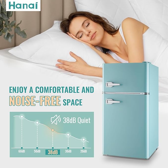 WANAI 3.5 Cu.Ft Mini Fridge with Freezer, Retro Small Refrigerator with 2 Handles, 7 Settings Temperature Adjustable, 2 Door Refrigerator for Office, Dorm, Bedroom, Apartment, Blue