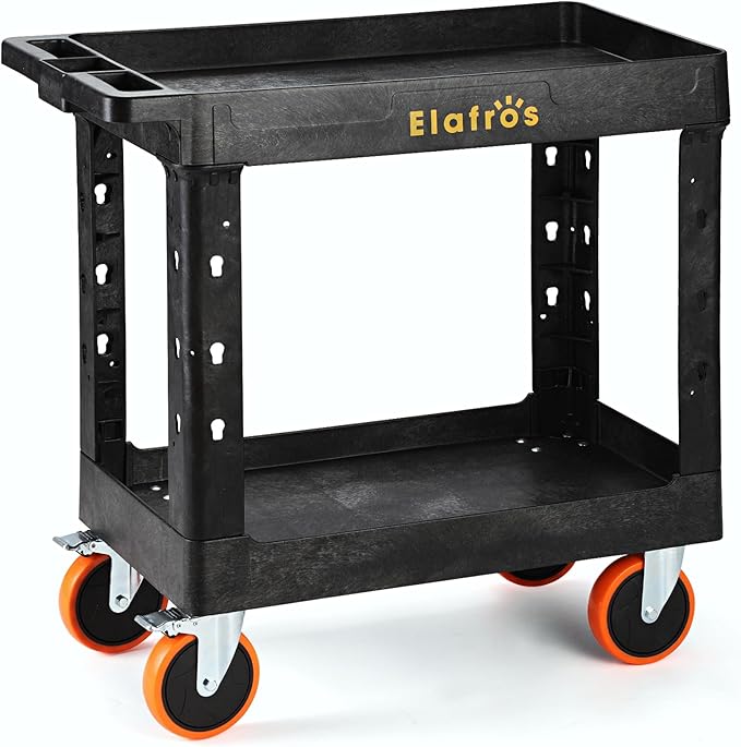 ELAFROS Heavy Duty Plastic Utility Cart 34 x 17 Inch - Work Cart Tub Storage W/Deep Shelves and Full Swivel Wheels Safely Holds up to 550 lbs - 2 Tier Service Cart for Warehouse with 6" Caster