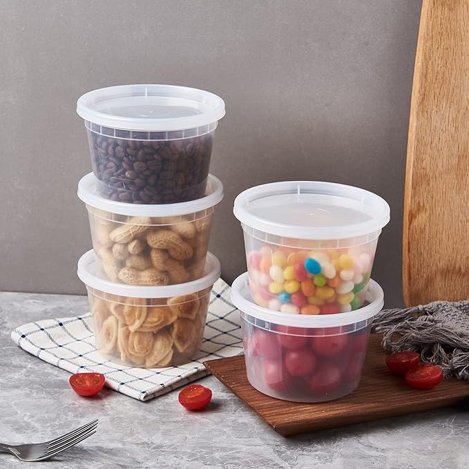 FULING [48pack 16oz Plastic Containers With Lids Deli Disposable Food Storage Takeout Containers Airtight BPA-Free Leakproof Round Bowls for Soup Salad Restaurant Supplies With Clear Lids