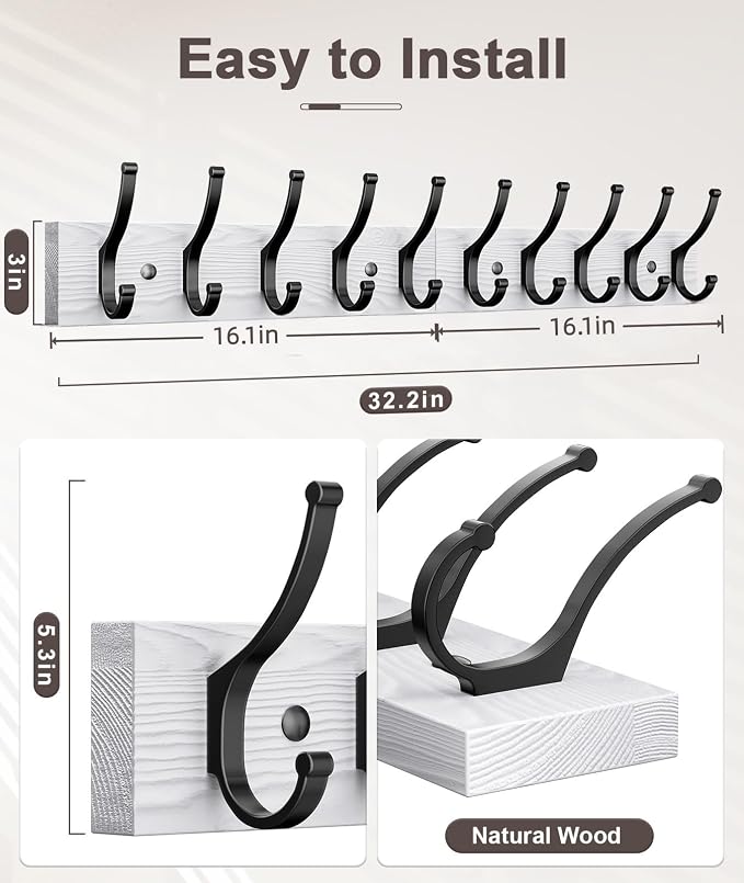 Optish 1 Pack Wooden Coat Rack Wall Mount, 16.1" Rustic Coat Hanger Hooks - Image 2