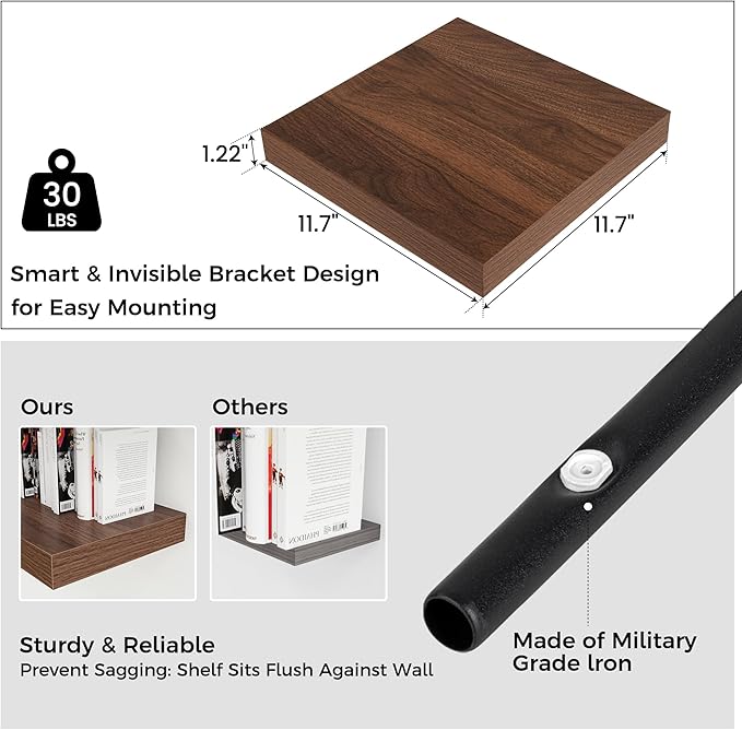 Square Floating Shelves for Wall12"W x 12"D x 1.2"H, Small Engineered Wood Wall Shelves with Invisible Brackets for Living Room Bedroom Bathroom Office Kitchen Storage Decor, Walnut Finish, Set of 3