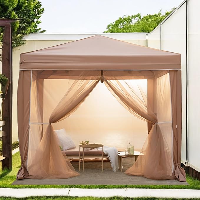 MFSTUDIO 10'x10' Pop Up Canopy Tent with Netting, Portable Instant Folding Canopy, Outdoor Canopy Screen Event Tent with 4 Zippered Mesh Netting for Garden, Brown