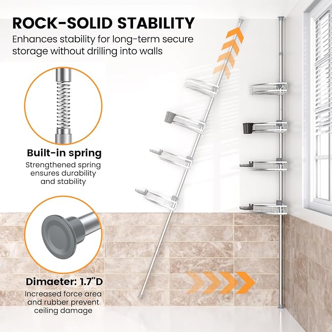 Adjustable Tension Pole Shower Caddy: Rustproof Corner Bathroom Organizer - Image 6