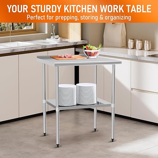 Stainless Steel Table for Prep & Work 30" X 30" inches with Adjustable Undershelf and Backsplash, Commercial Workstations, Utility Table in Kitchen Garage Outdoor BBQ