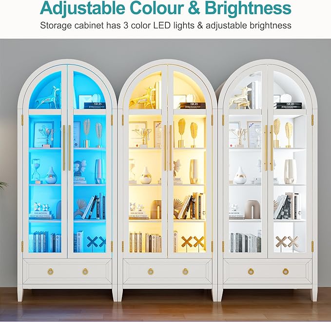 Lvifur 73" Tall Arched Display Cabinet with Glass Doors,4-Tier Curio Cabinets with 3 Color Lights for Collectibles,LED Storage Cabinet with Human Body Sensor,Ajustable Shelf for Toys, Books,White