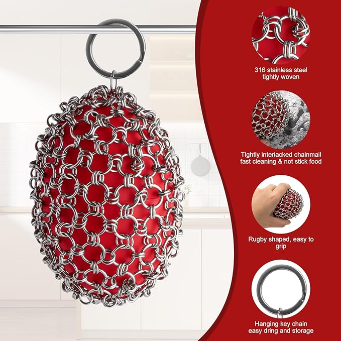 Cast Iron Scrubber Cleaner, Rugby Shape Scrubber Chain Mail with Silicone Core, Cast Iron Skillet Cleaner Cleaning Care Kit Perfect for Cast Iron Cookware,Skillet,Woks - Red