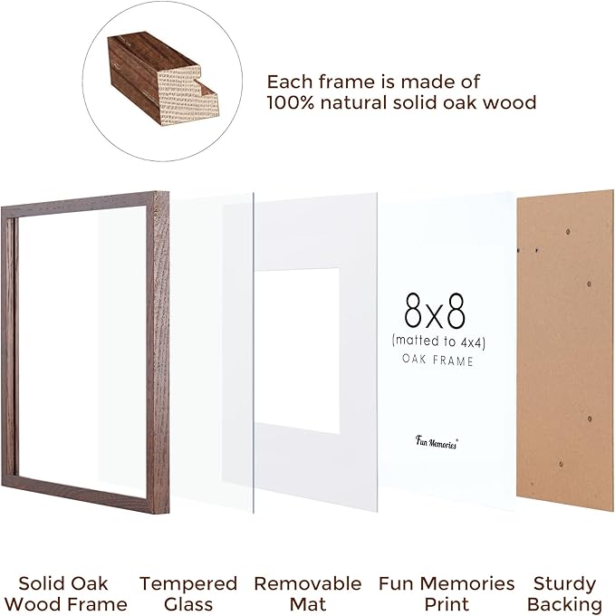 8x8 Picture Frames Set of 3, Solid Oak Wood 8”x8” Picture Frame Matted to 4”x4”,Square 8 x 8 Natural Wood Frame with Tempered Real Glass, Rustic 8x8 Photo Frame for Wall & Tabletop Display