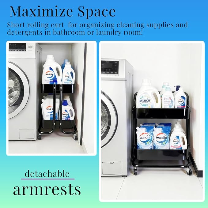 2 Tier Rolling Utility Cart with Wheels All-Metal Short Pantry Cart Under Desk Storage Trolley with Handle, Small Rolling Storage Shelf for Small Space Kitchen Laundry Room Bathroom, Black