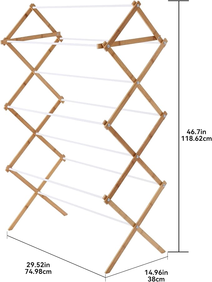White Natural Space-Saving Collapsible Bamboo Laundry Drying Rack -7 Levels - Image 5