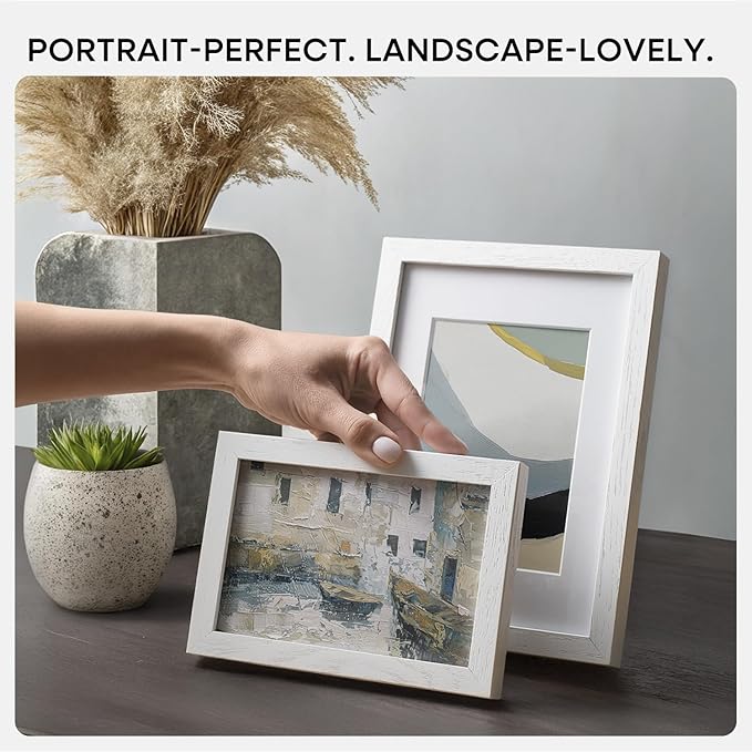 Homeforia 9x11 Frame White Wood, High End Oak 9 x 11 Picture Frames with Mat 6 by 8 Print, 9by11 White Wooden Frame Matted to 6x8 inch Photo, Wall or Tabletop Frames, Tempered Glass, Wall Kit, Set of 2