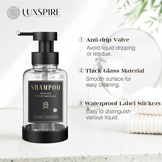 Luxspire 15oz Glass Foaming Soap Dispenser Set, 2 Pack | Anti-drip pump - Image 3