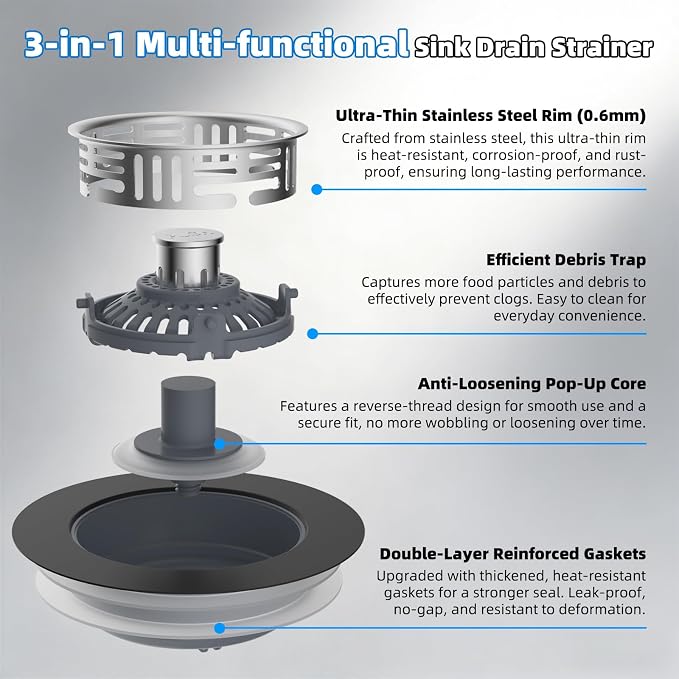 Hibbent 3 in 1 Kitchen Sink Drain Strainer, Stainless Steel Pop Up Stopper - Image 8