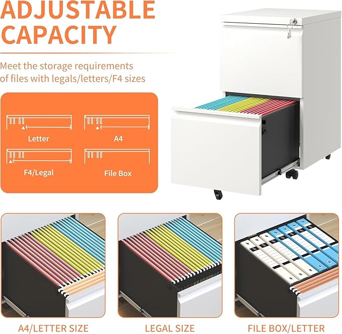 Fully Assembled 2 Drawer File Cabinet, Locking Full Steel Filing Cabinet, Quiet Slides, Anti-Tipping Wheels, Fits A4/Letter/Legal, for Home & Small Office, Matte White