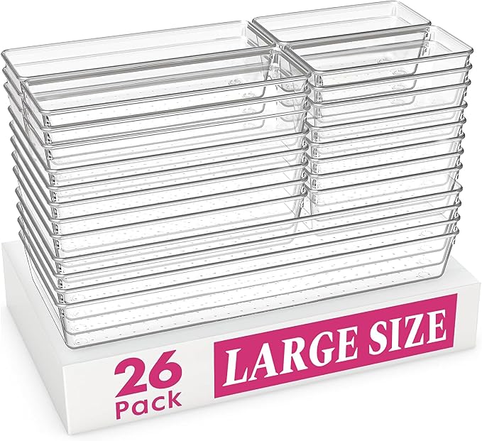 Large Drawer Organizer Bins 26 Pack | Complete 5 Size Clear Plastic Kitchen by Criusia