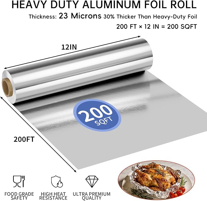 12inx200sqft Aluminum Foil Roll, 23 Micron Thick Food Safe Aluminum | Heavy - Image 3