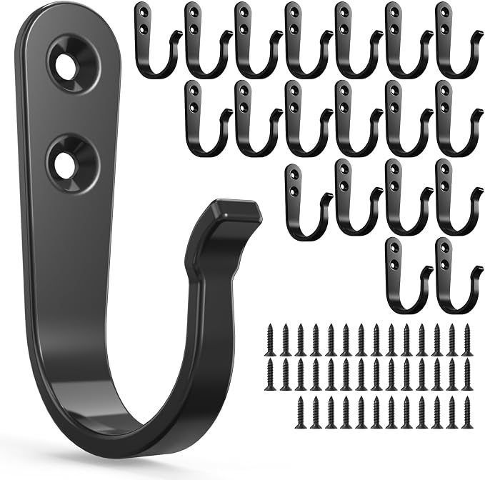 BREYDROK 20Pack Towel Hooks for Bathroom, Heavy Duty Black Metal Wall Hooks | by BREYDROK
