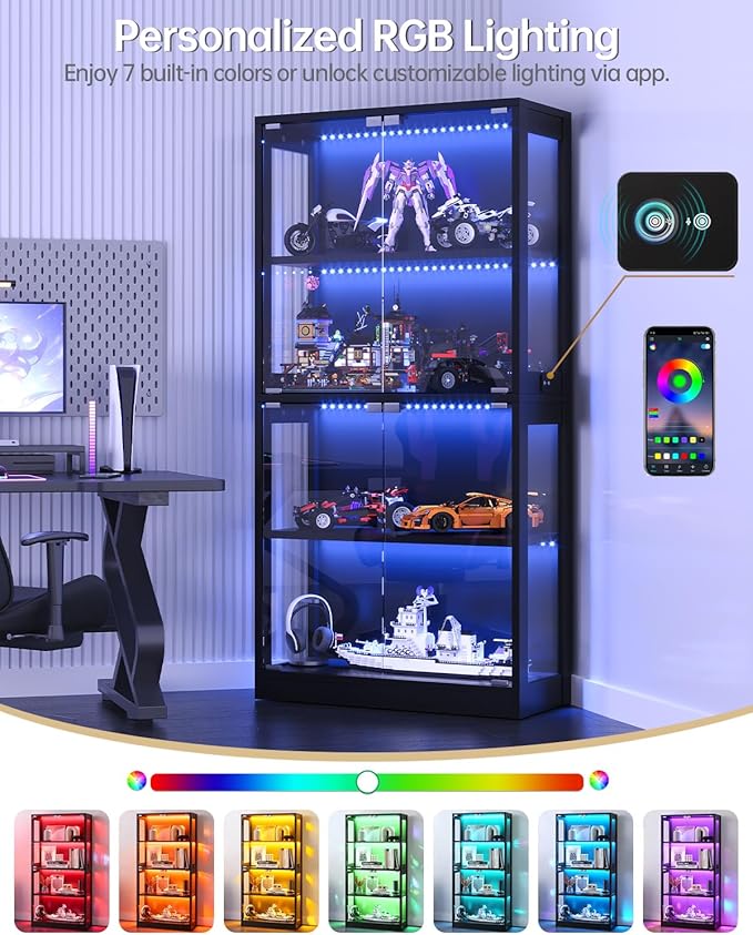 Glass Display Cabinet, 65" Tall Display Case with RGB Lights Curio Cabinet with Glass Doors 4-Tier LED Storage Cabinet with Human Body Sensor & Press-To-Open for Collectibles Book Figure (Black)