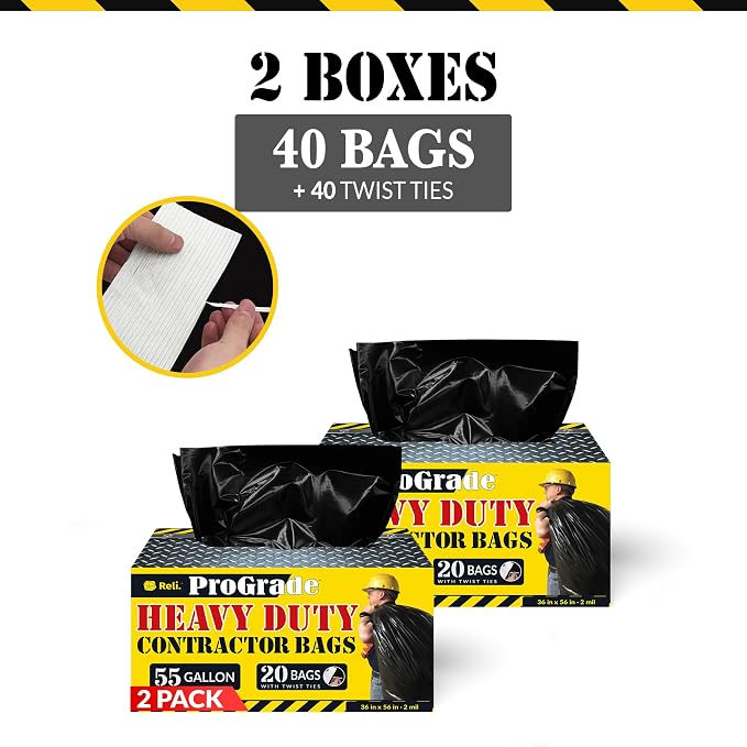 Reli. Contractor Garbage Bags 55 Gallon | Heavy Duty | 40 Trash Bags, Twist Ties - Image 4