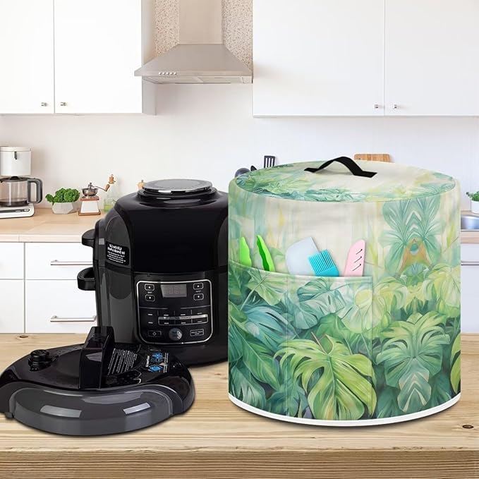 Flashideas Palm Leaves Pressure Cooker Cover for Women Insulated Rice Cooker Cover with Easy to Clean Lining Waterproof Dust Cover with Pockets for Instant Pot 6 Quart Appliance Cover