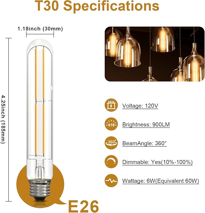 ASOKO 7.3 Inch E26 Led Bulb 6W Dimmable, 2700K Warm White Edison Bulbs 900LM, Tubular T30 Clear Glass Light Bulb 3 Pack